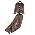 European style chic geometric print set - women's autumn premium round neck metal buckle long sleeve knit top & high waist pants