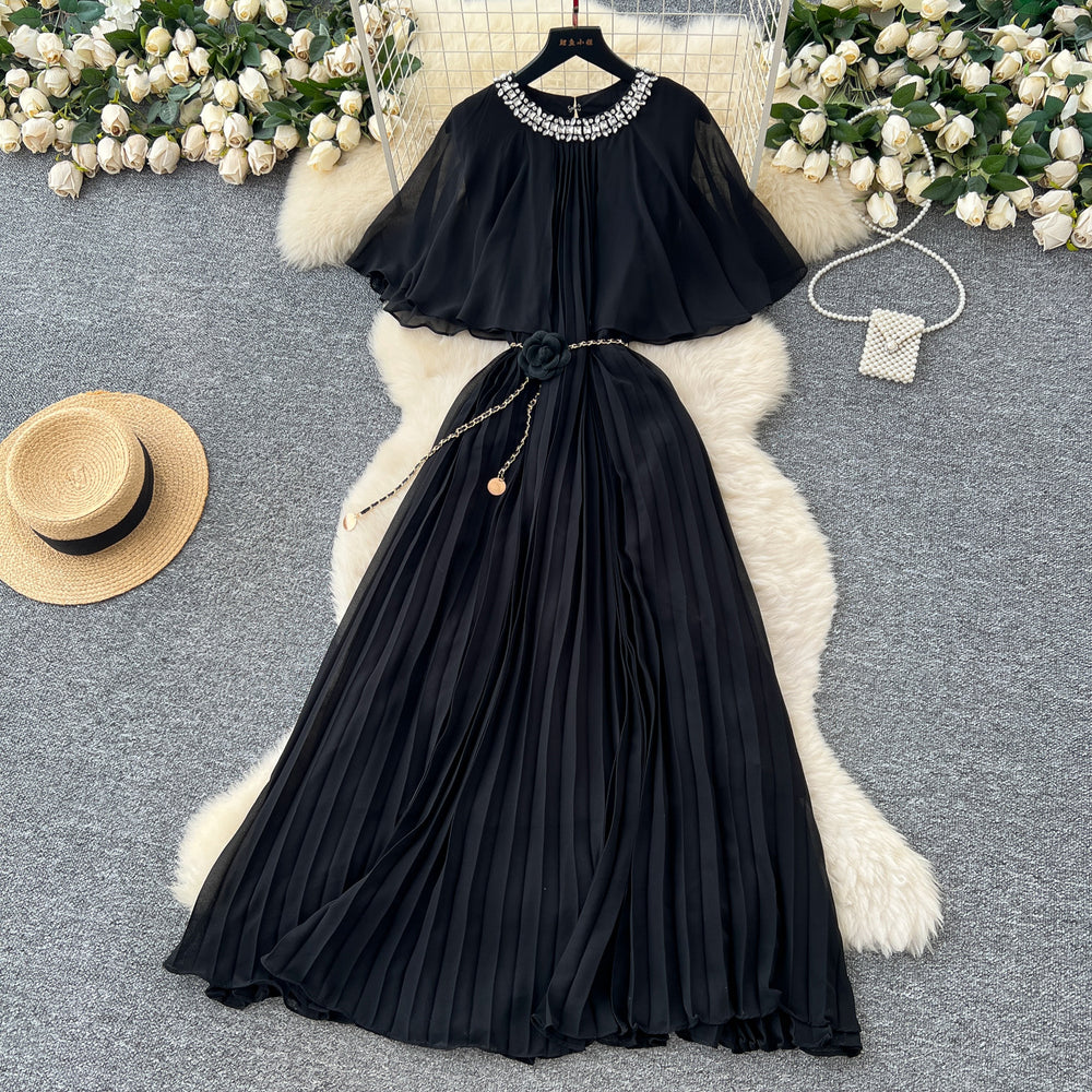 French fashion heavy industry diamond round neck shawl patchwork strap waist slimmingelegantpleated chiffon dress for women