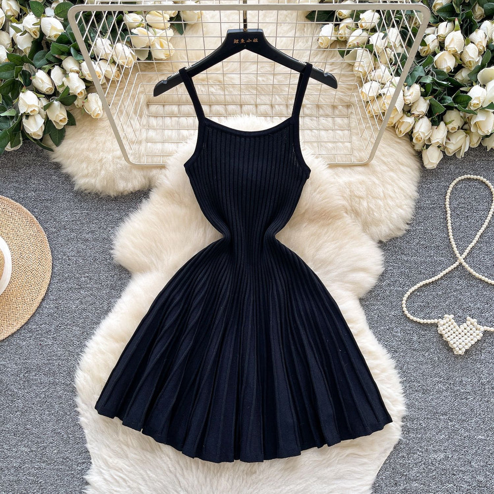 Elegant and chic camisole dress for women - autumn  collection: french retro, slimming, pleated, striped knit dress