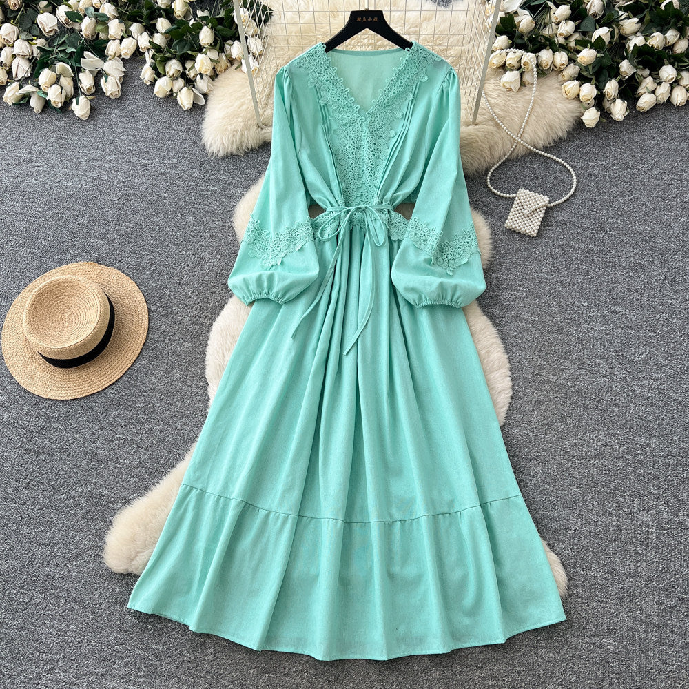 French chic lantern sleeve crochet embroidered dress - women's summer korean style tie-waist a-line maxi dress