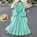 French chic lantern sleeve crochet embroidered dress - women's summer korean style tie-waist a-line maxi dress