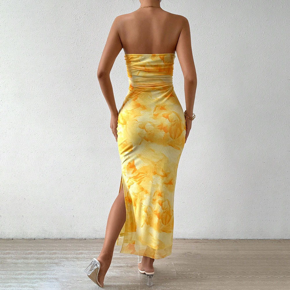 Custom-made cross-border women's tk mesh printed dress, new summer high-waisted slimming slit tube top bodycon dress