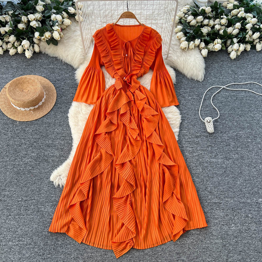 Korean style ruffle trim pleated bow dress - women's long sleeve tie-waist design a-line dress - rose red