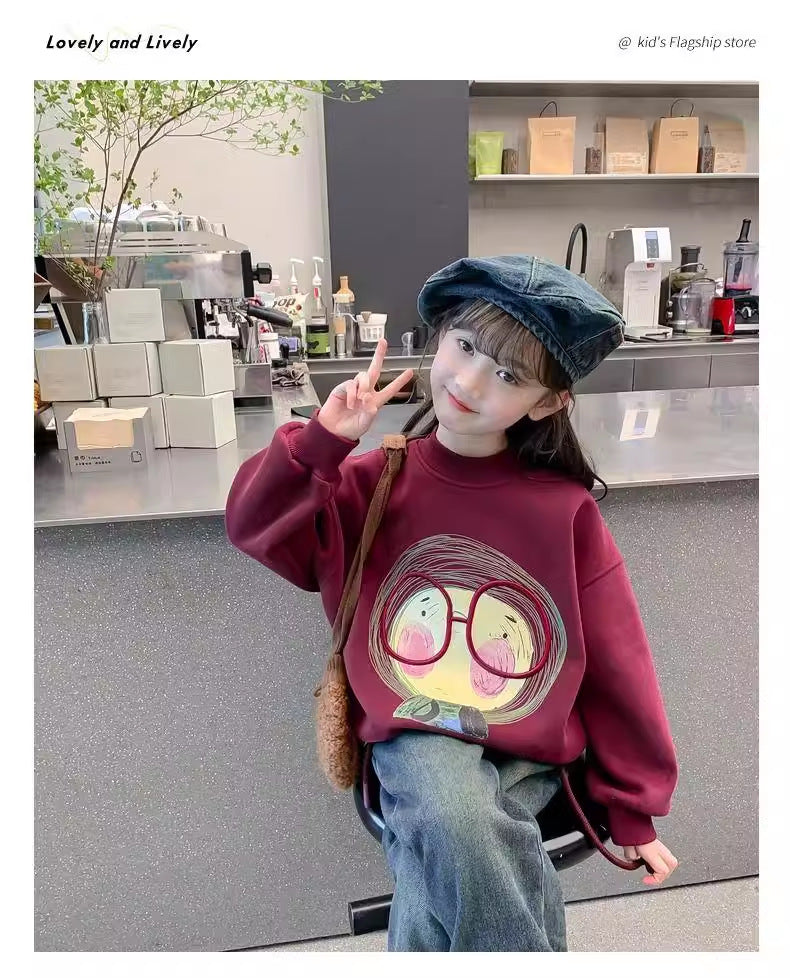 Girls' winter fleece-lined sweatshirt,  new stylish kids' autumn/winter thickened round neck top for little girls