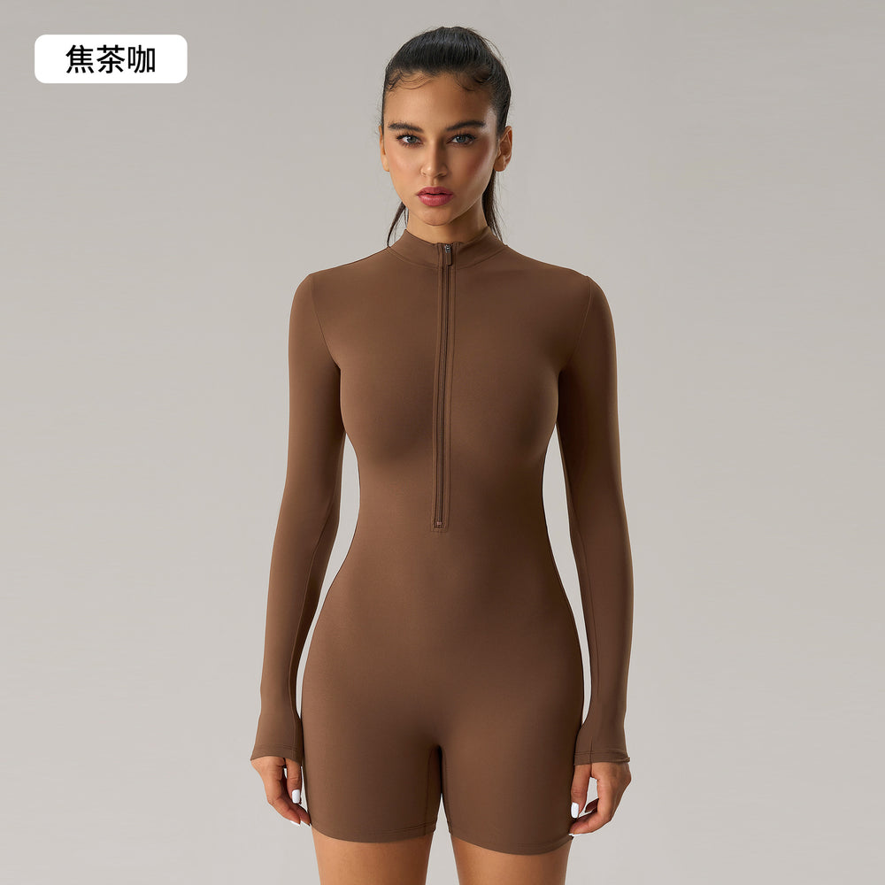 European and american zipper long sleeve bodysuit fitness activewear sexy tight peach butt yoga suit women dlt003