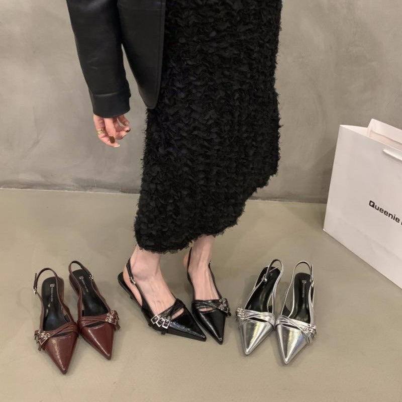Niche style high heels red toe cap sandals fairy shoes 2024new arrival spring summer black french pointed toe flats
