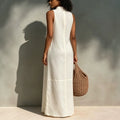 european and american cross-border independent station summer white sleeveless cut outv neck long dress vacation style loosedress