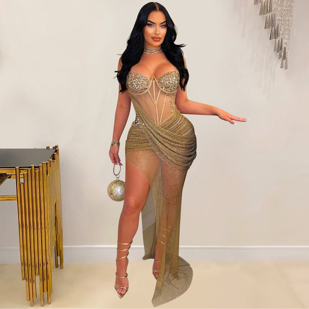 C6883 cross-border   fashion women's sexy mesh rhinestone suspender long dress