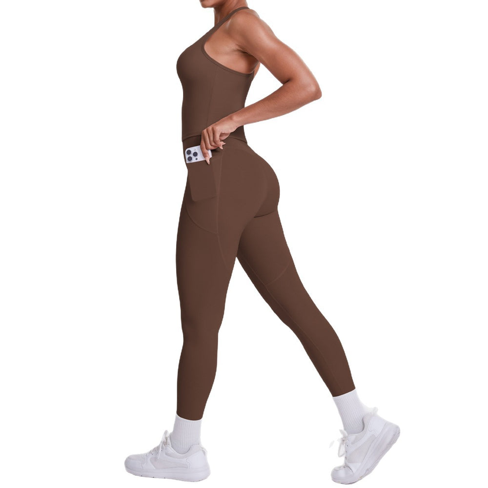 fashion brushed pure color tight racerbackflap pocket pants sports suit running fitness yoga clothes two-piece set