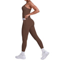 fashion brushed pure color tight racerbackflap pocket pants sports suit running fitness yoga clothes two-piece set