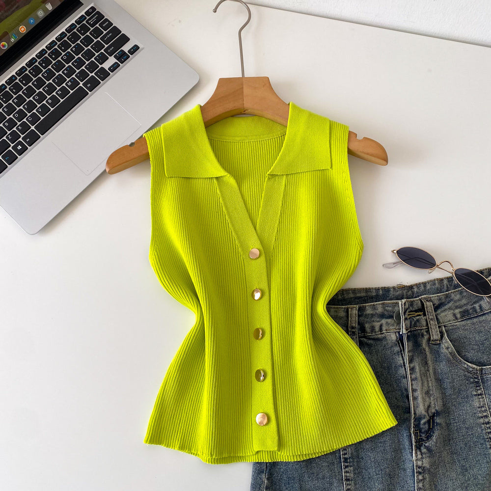 Light mature style sense of design lapel sleeveless knitting vest women's summerkorean style single breasted silm thin tops multi-color