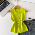 Light mature style sense of design lapel sleeveless knitting vest women's summerkorean style single breasted silm thin tops multi-color