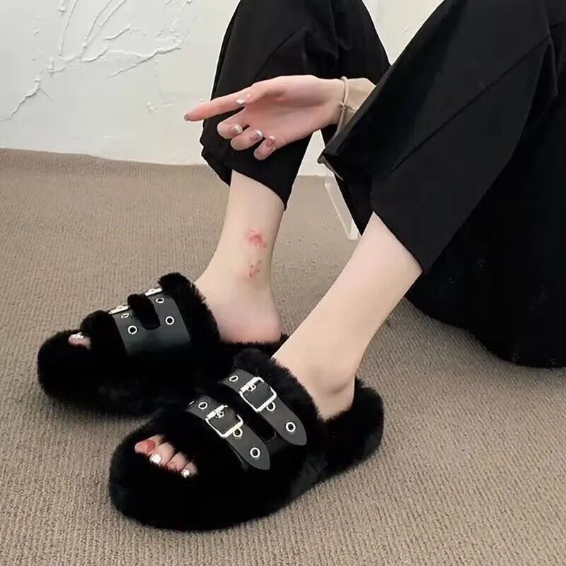 Furry slippers for women outwearfall and winter indoor home belt buckle popularplus sizethick solestuffed velvet cotton slippers trendy