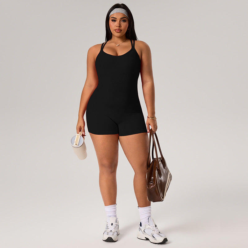 European and american style plus size yoga bodysuit - summer stretch tummy control peach lift one-piece workout jumpsuit - new women's collection