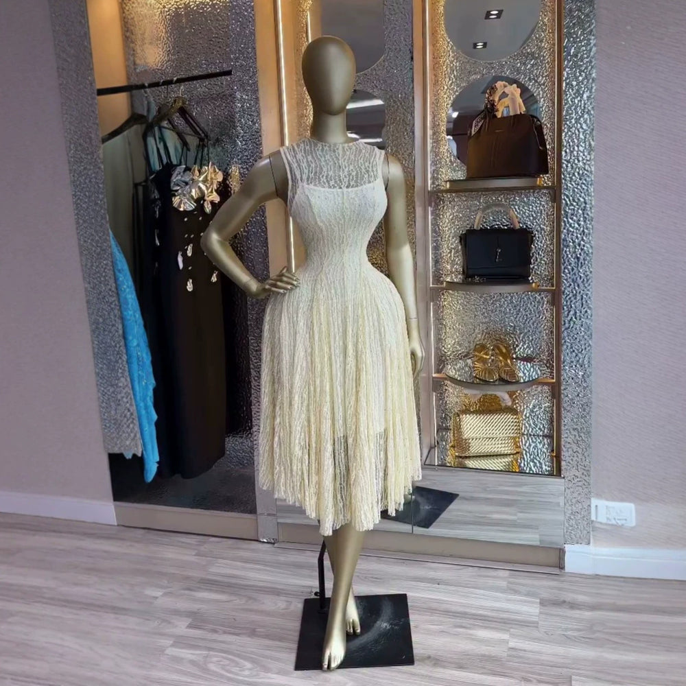 European and american cross-border women's fashion:  summer new arrival - elegant round neck, slim-fit, pleated sleeveless midi dress