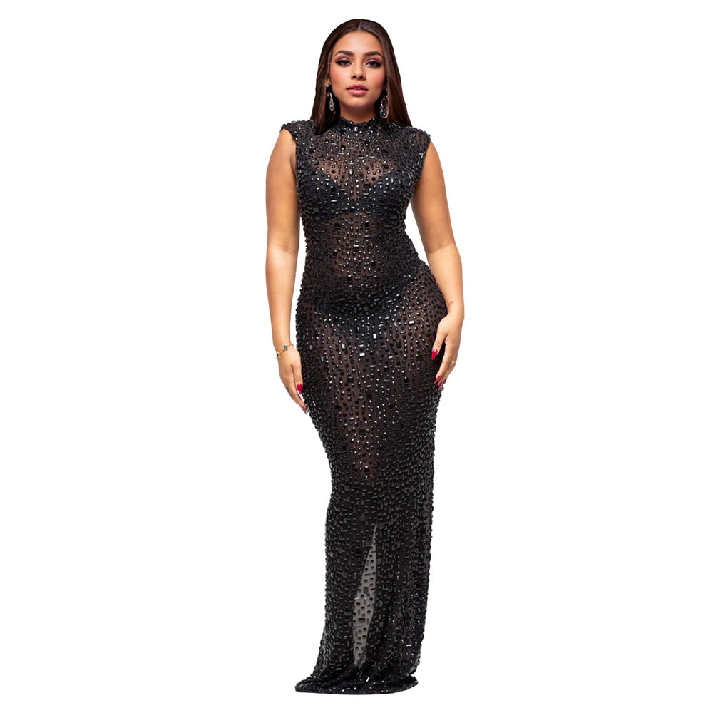 C7113 cross-border   fashion women's hotfix rhinestone sexy bodycon mini dress
