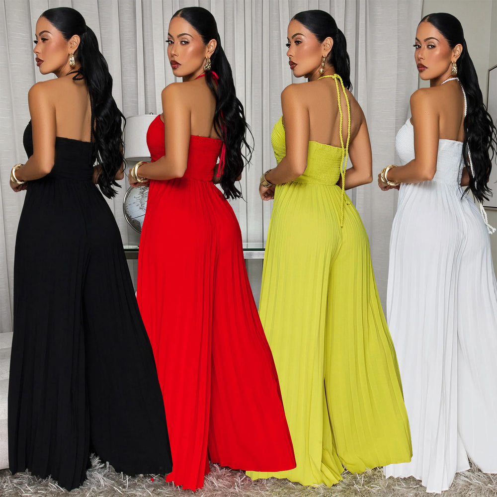 C7735 cross-border    new women's summer vacation style pleated wide-leg jumpsuit