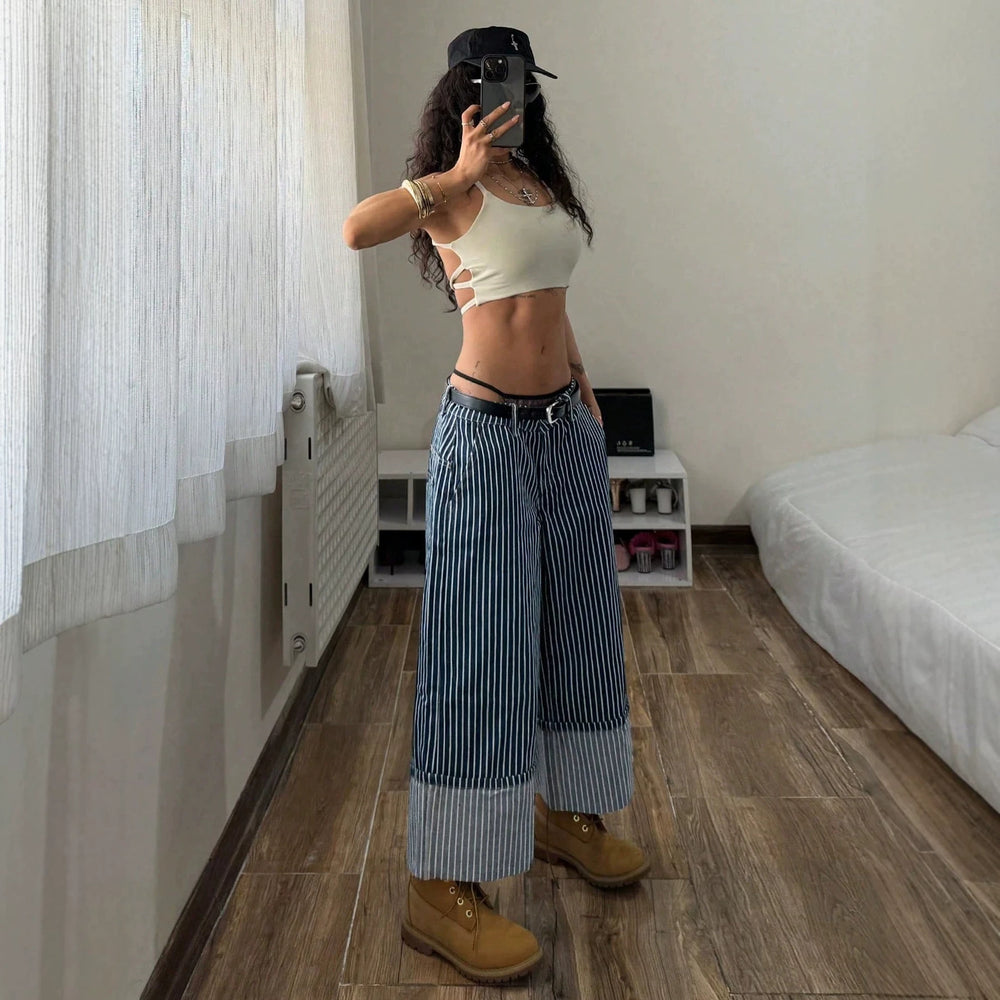 Women's striped patchwork wide-leg jeans - high-waisted, slimming, loose fit, designer style, versatile denim wide-leg cropped pants