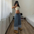 Women's striped patchwork wide-leg jeans - high-waisted, slimming, loose fit, designer style, versatile denim wide-leg cropped pants