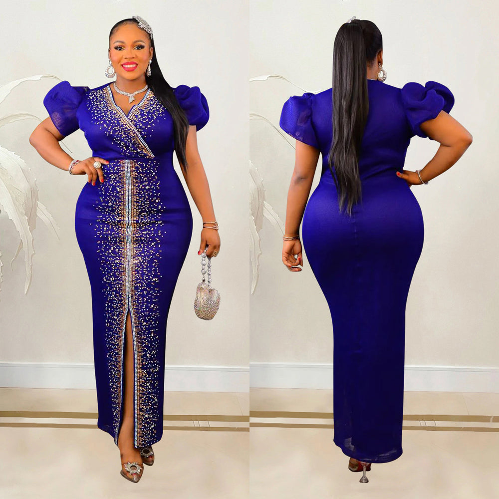 C6500   fashion women's hotfix rhinestone bubble sleeve stretch v-neck maxi dress