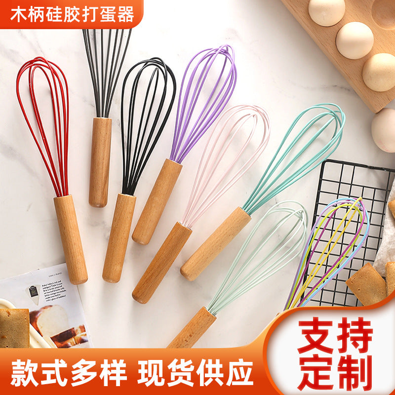 Factory in stock stainless steel handheld manual wooden handle egg whisk mixer 10inch silicone wire beech wood handle