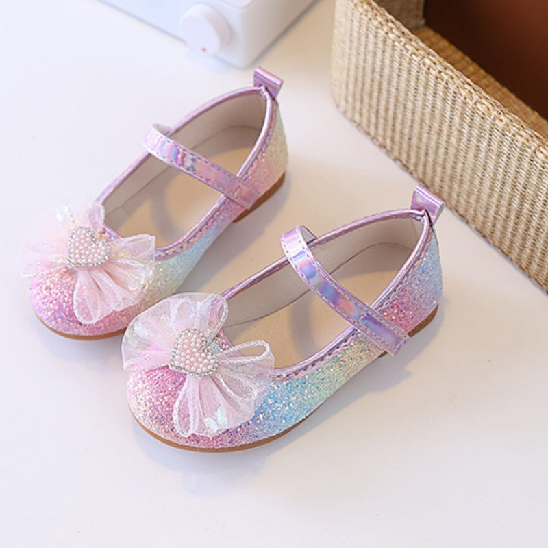 Gradient glitter girls' princess shoes - spring/autumn soft sole baby flats with pearl butterfly bow - children's crystal dress shoes