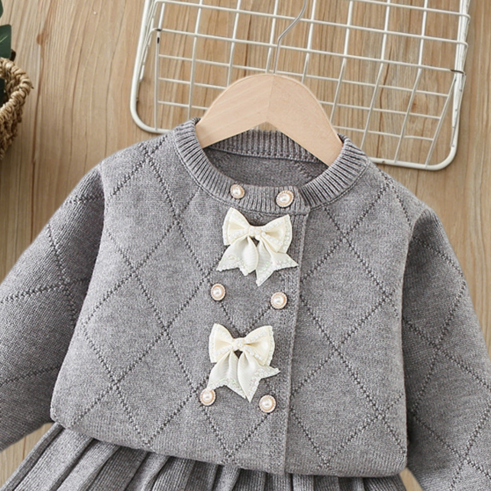 Girls' knit sweater set -  autumn/winter collection: chanel-inspired jacquard double-breasted cardigan & premium knit midi skirt two-piece set