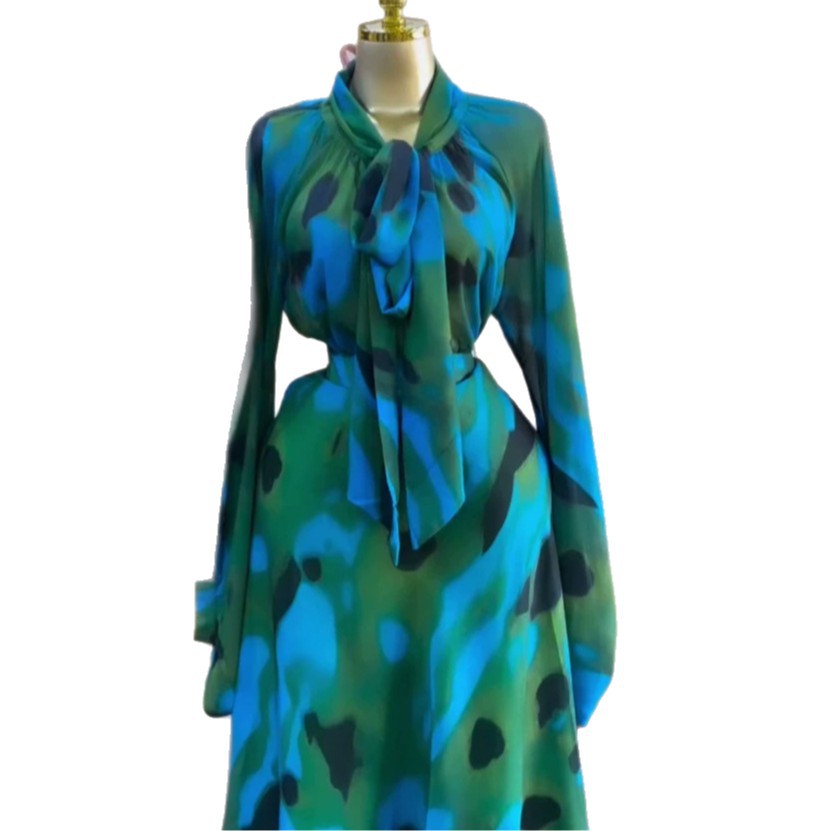 European and american cross-border women's fashion:  summer new arrival - elegant tie-up printed blouse and high-waisted midi skirt set