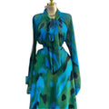 European and american cross-border women's fashion:  summer new arrival - elegant tie-up printed blouse and high-waisted midi skirt set