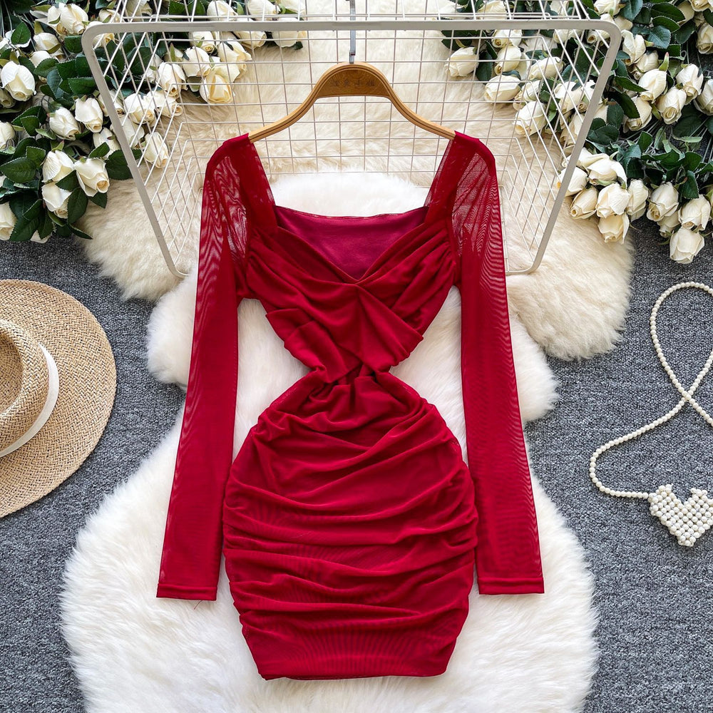 Feminine sexyv neck twist long sleeves mesh dress autum pleated waist bag hip hot girl short skirt