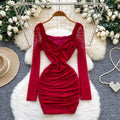 Feminine sexyv neck twist long sleeves mesh dress autum pleated waist bag hip hot girl short skirt