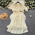 K-style small flying sleeves a-line short-sleeved dress women's  summer waist tie back long skirt niche stylesense of designwork clothing