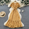 Frenchretro polka dot elegant short-sleeved dress women's summerv neck waist tie back a-line skirt slimming look elegant long skirt