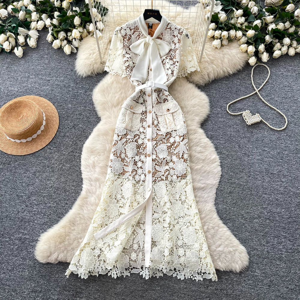 Frenchaccessible luxury heavy industry short sleeve lacedress women's summer lapel cut out waist slimming lookwork clothingelegance long skirt