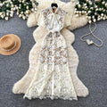 Frenchaccessible luxury heavy industry short sleeve lacedress women's summer lapel cut out waist slimming lookwork clothingelegance long skirt