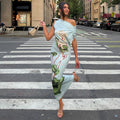 European and american style cross-border slim-fit women's plant print bodycon dress - elegant outdoor asymmetrical neck sleeveless hiking dress