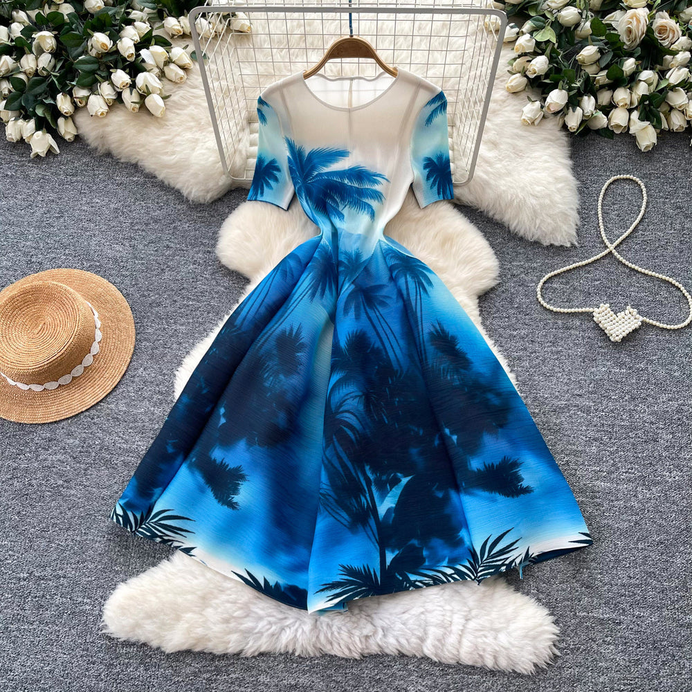 Korean style geometric print a-line dress - women's summer short sleeve, minimalist, versatile, elegant, commute-friendly, plus size dress