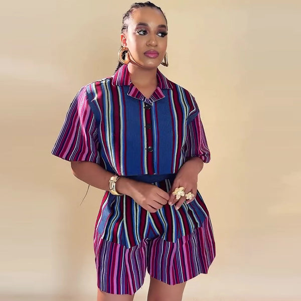 African large size lapel short sleeve breasted striped shirt women's casual shorts European and American foreign fashion new two-piece set