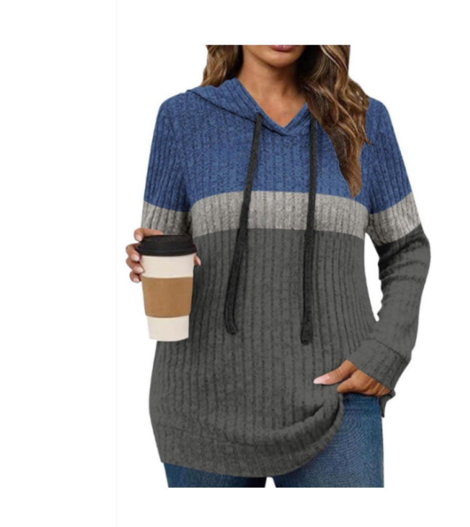 cross-border women's fashion color block warm knit pullover long sleeve hoodie top