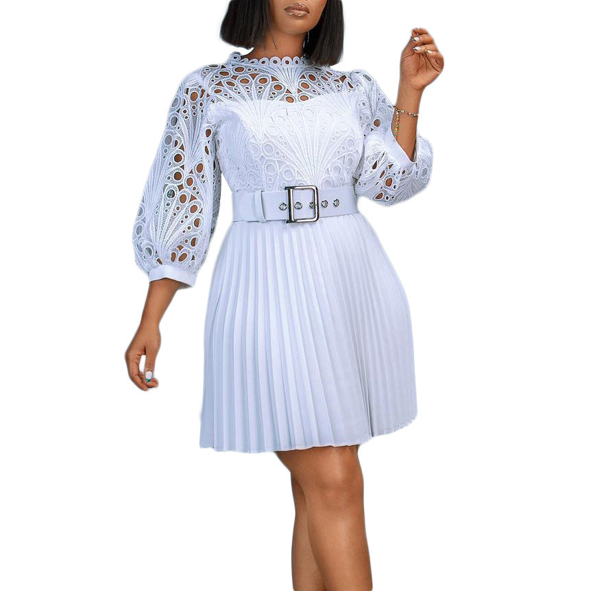 D322 independent station foreign trade women's clothing  new style pure color lace crochet cut out pleated european and american dress