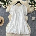 French chic yellow cutout embroidery dress - women's summer short sleeve a-line dress - elegant, slim-fit, and perfect for work