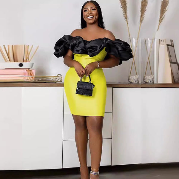 Sexy one-word collar off-the-shoulder black splicing sleeves waist hip skirt banquet party dress yellow dress