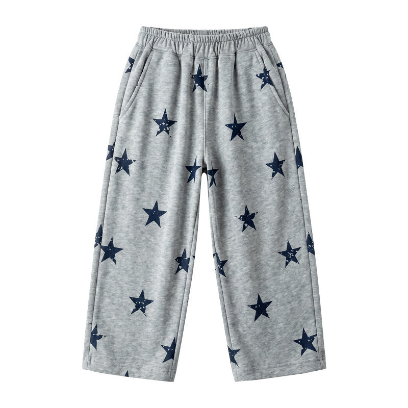 American retro star print letter print sweatpants - girls' loose fit casual wide leg street dance versatile lounge pants