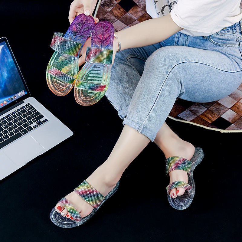 Women's slippers summer 2024 new fashion rhinestone stylish ladies' outdoor wear girly heart flat one-strap crystal sandals