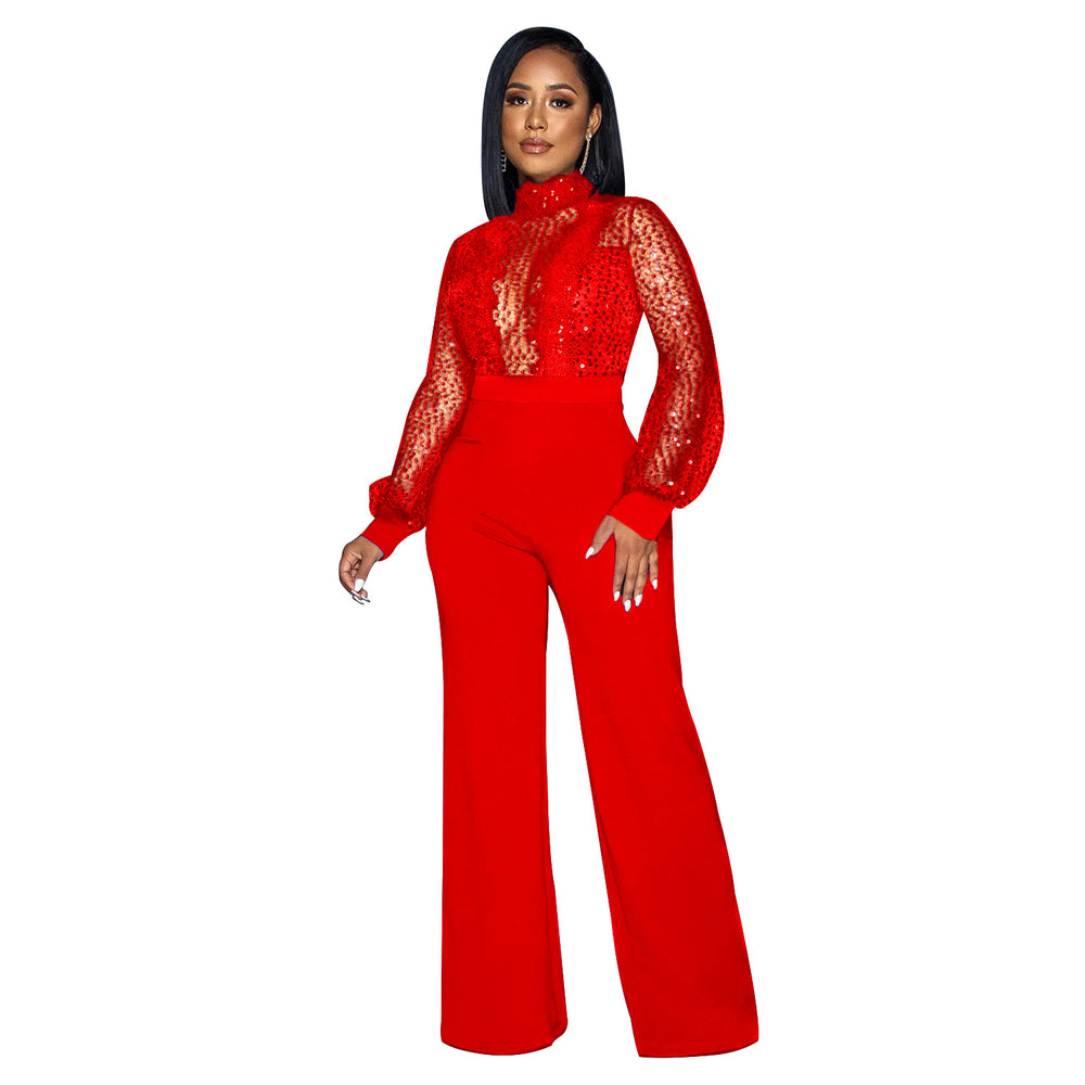 X6053 cross-border   fashion women's hollow-out see-through long sleeve pants tie-up jumpsuit