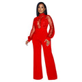 X6053 cross-border   fashion women's hollow-out see-through long sleeve pants tie-up jumpsuit