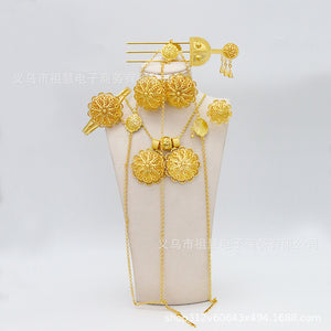 6-piece ethiopian gold-plated women's jewelry set - earrings, hair clip, necklace, bracelet, ring - wedding gift