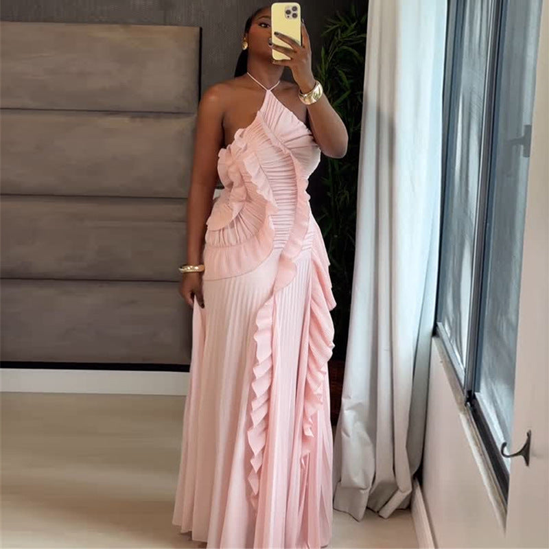 European and american cross-border women's fashion:  autumn new arrivals - sexy and elegant halter neck ruffle detail pleated design dress