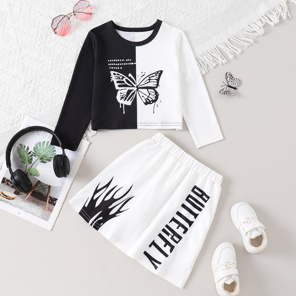 girls' sweatshirt set - black and white color block with butterfly and letter print, trendy skirt, kids' autumn two-piece outfit