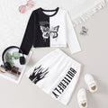 girls' sweatshirt set - black and white color block with butterfly and letter print, trendy skirt, kids' autumn two-piece outfit